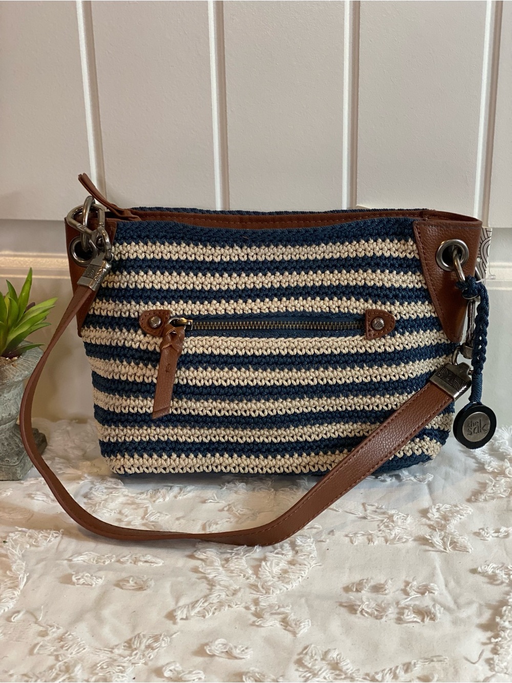 The Sak Navy and Cream Striped Crossbody with Brown Trim